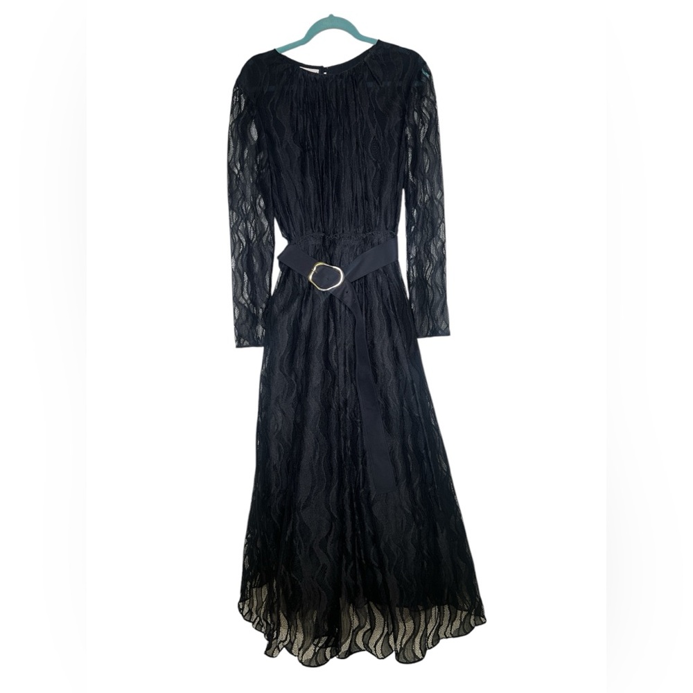 Lafayette 148 New York Hayden Wave Lace Black Long Sleeve Midi Dress Size 14 - Picture 3 of 10